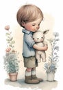 Little boy with a toy in his hands. Watercolor illustration. Nursery art