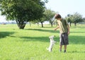 Little boy training a dog Royalty Free Stock Photo