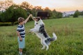 LIttle boy training his dog in the nature. Royalty Free Stock Photo
