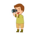 Little Boy Traveler on Safari Tour Watching Animal with Camera Taking Photo Vector Illustration Royalty Free Stock Photo