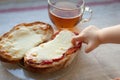 Little boy trying to finger my father`s breakfast. Royalty Free Stock Photo