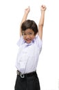 Little boy in uniform ready for school hands up isolated Royalty Free Stock Photo