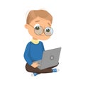 Little Boy Using Laptop Computer, Cute Intelligent Kid with Device, Education and Knowledge Concept Cartoon Style Vector Royalty Free Stock Photo