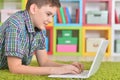 Little boy using laptop while lying on floor Royalty Free Stock Photo