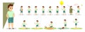 Little boy in various gesture expression poses. Male child shows different emotion set. Cute kid character plays and