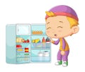 The little boy is very hungry and he opens the refrigerator to take food