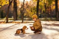 Little boy walk dog Royalty Free Stock Photo