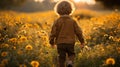 A Little Boy Walking Through A Field Of Sunflowers
