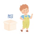 Little Boy Walking Past Cardboard Box as Preposition Demonstration Vector Illustration