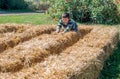 Little boy walks in a maze made of bales of straw Royalty Free Stock Photo