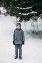 A little boy walks in the park in the winter weather, play snowballs and rejoiced. Waiting for Christmas mood Royalty Free Stock Photo