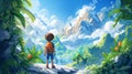 A little boy watching beautiful mountains and sky digital art