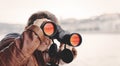 Little boy watching, looking, gazing, searching for by binocular Royalty Free Stock Photo