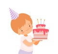 Little Boy Wearing Birthday Hat Carrying Cake with Candles Vector Illustration Royalty Free Stock Photo