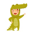 Little Boy Wearing Crocodile Costume Waving Hand and Having Fun Vector Illustration