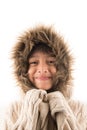 Little boy wearing fur coat protect from cold snow over head Royalty Free Stock Photo