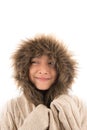 Little boy wearing fur coat protect from cold snow over head Royalty Free Stock Photo