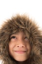 Little boy wearing fur coat protect from cold snow over head Royalty Free Stock Photo