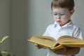 a little boy wearing glasses holds a thick book in his hands, a smart child