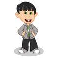 Little boy wearing a gray jacket and black trousers style cartoon