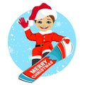 Little boy wearing santa claus costume snowboarding Royalty Free Stock Photo