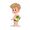Little boy wearing shorts for swimming playing with a ball, kid having fun on the beach colorful character Illustration Royalty Free Stock Photo