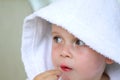 Little boy wearing a white bath robe Royalty Free Stock Photo