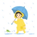 Happy Boy in Yellow Raincoat Holding an Umbrella Vector Set