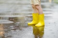 Little boy wearing yellow rubber boots walking on rainy summer day in small town. Child having fun. Games for children in rain