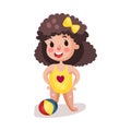 Little boy wearing yellow swimsuit playing with a ball, kid having fun on the beach colorful character Illustration Royalty Free Stock Photo