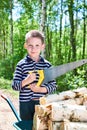 Little boy with wheelbarrow sawing wood in forest