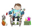 Little boy in wheelchair at Art lesson in school. Happy children in school.
