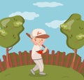 Little boy in white uniform playing baseball on summer landscape background vector Illustration Royalty Free Stock Photo