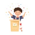 Little Boy Winning Quiz Game or Mind Sport Standing at Press Button and Cheering Vector Illustration