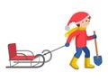 Little boy in winter clothes pulling a sled, cartoon style vector illustration on white background. Royalty Free Stock Photo
