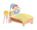 Little Boy Yawning in His Bed Under Blanket Having Night Rest Vector Illustration