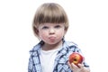 A little boy 2 years old eats an apple. Cute hungry child wearing a blue plaid shirt and a white T-shirt. Healthy foods and Royalty Free Stock Photo