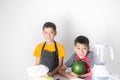 Little boys blend water melon juice by using blender