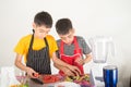 Little boys blend water melone juice by using blender home Royalty Free Stock Photo