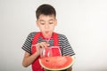 Little boys blend water melone juice by using blender home Royalty Free Stock Photo