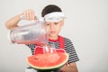 Little boys blend water melone juice by using blender home