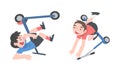 Little boys falling down from kick scooters cartoon vector illustration