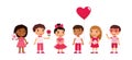 Little boys and girls dating, celebrating Valentines Day flat vector illustration. Young girlfriends and boyfriends isolated carto