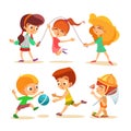 Little boys and girls playing with ball and jumping. Royalty Free Stock Photo