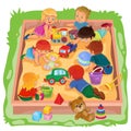 Little boys and girls sitting in the sandbox, play their toys