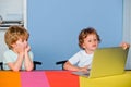 Little boys pupils with happy face expression near laptop, school concept. Kids with a notebook. Portrait of clever