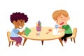 Little Boys Sitting at Table Paper Crafting in Kindergarden Vector Illustration