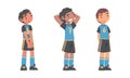 Little boys soccer players in blue uniform cartoon vector illustration Royalty Free Stock Photo