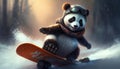 A little brave panda is riding a snowboard. Generative AI