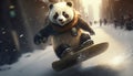 A little brave panda is riding a snowboard. Generative AI